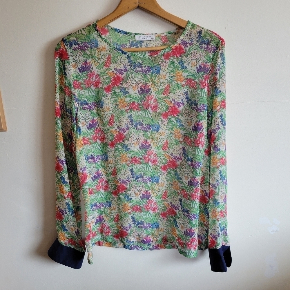 Equipment Femme 100% Silk Sheer Long Sleeve Blouse Floral Contrast Cuff Medium M